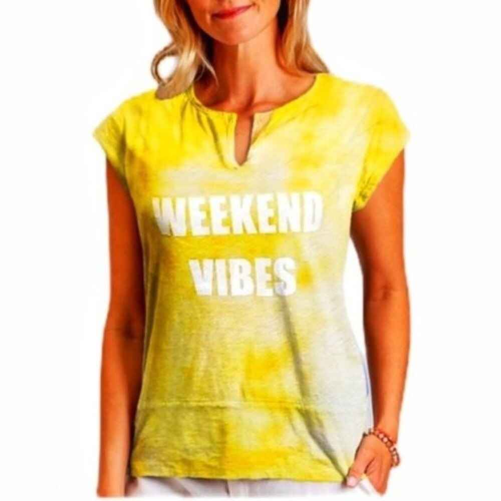 Fresh Produce Yellow Tie Dye Weekend Vibes Split V-Neck Top Size Medium